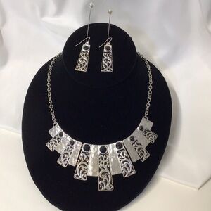 Silver Filigree Panel Necklace and Earrings Black Accents Statement set jewelry